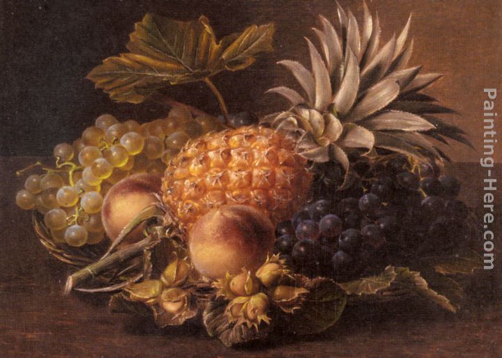 Grapes, a Pineapple, Peaches and Hazelnuts in a Basket painting - Johan Laurentz Jensen Grapes, a Pineapple, Peaches and Hazelnuts in a Basket art painting